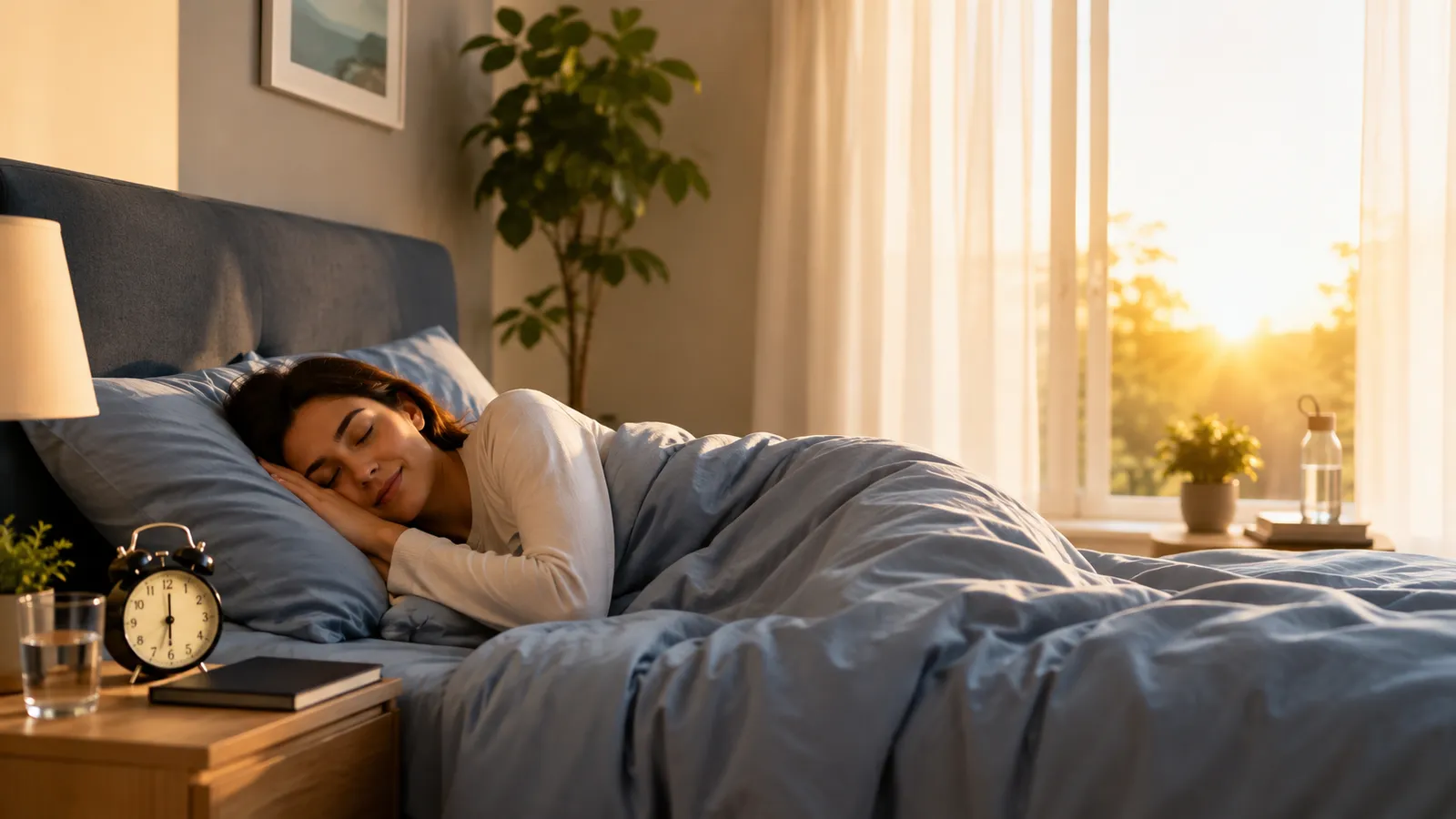 Person sleeping peacefully in a bedroom during early morning, representing a healthy sleep routine and better sleep habits.